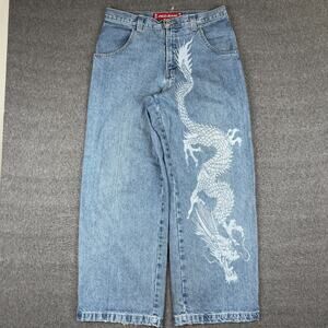Vintage JNCO Dragon Jeans Men's 34x32 Blue Cloud Skater Wide Leg Baggy Y2K‎